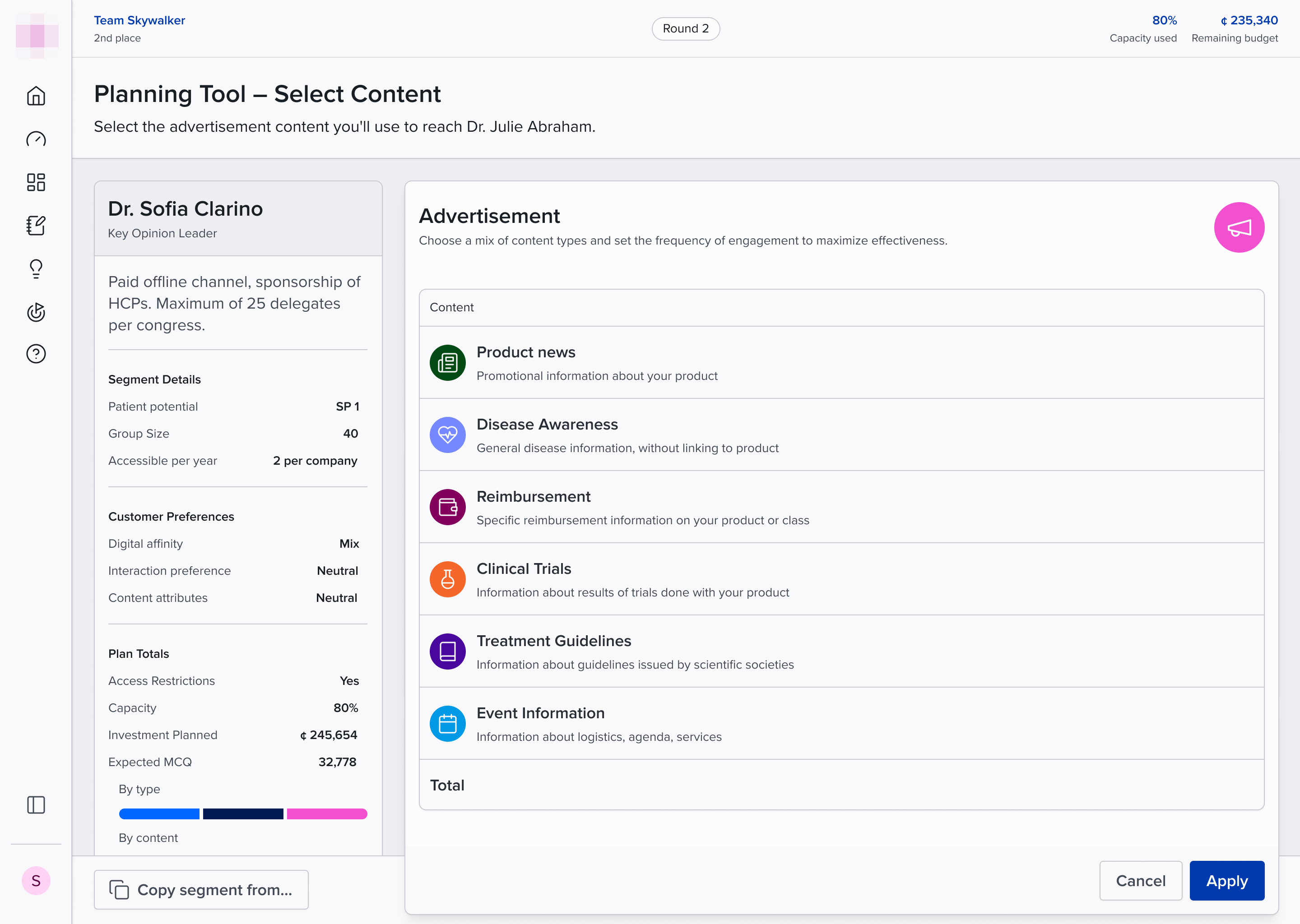 Select Content screen: content types from product news to event information listed with descriptions inside the advertisement channel