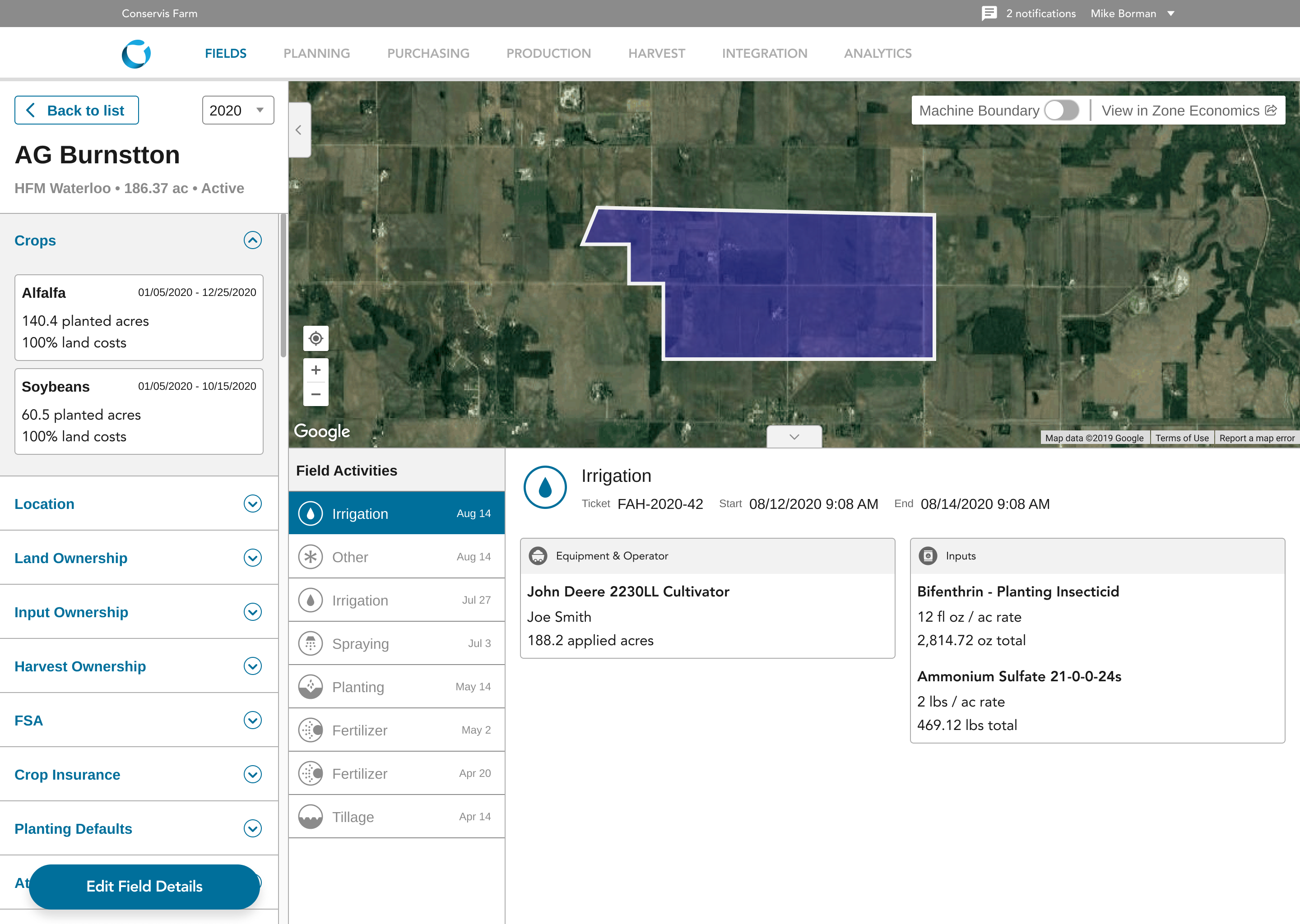 Field activity log showing an irrigation ticket with equipment, operator, and input details