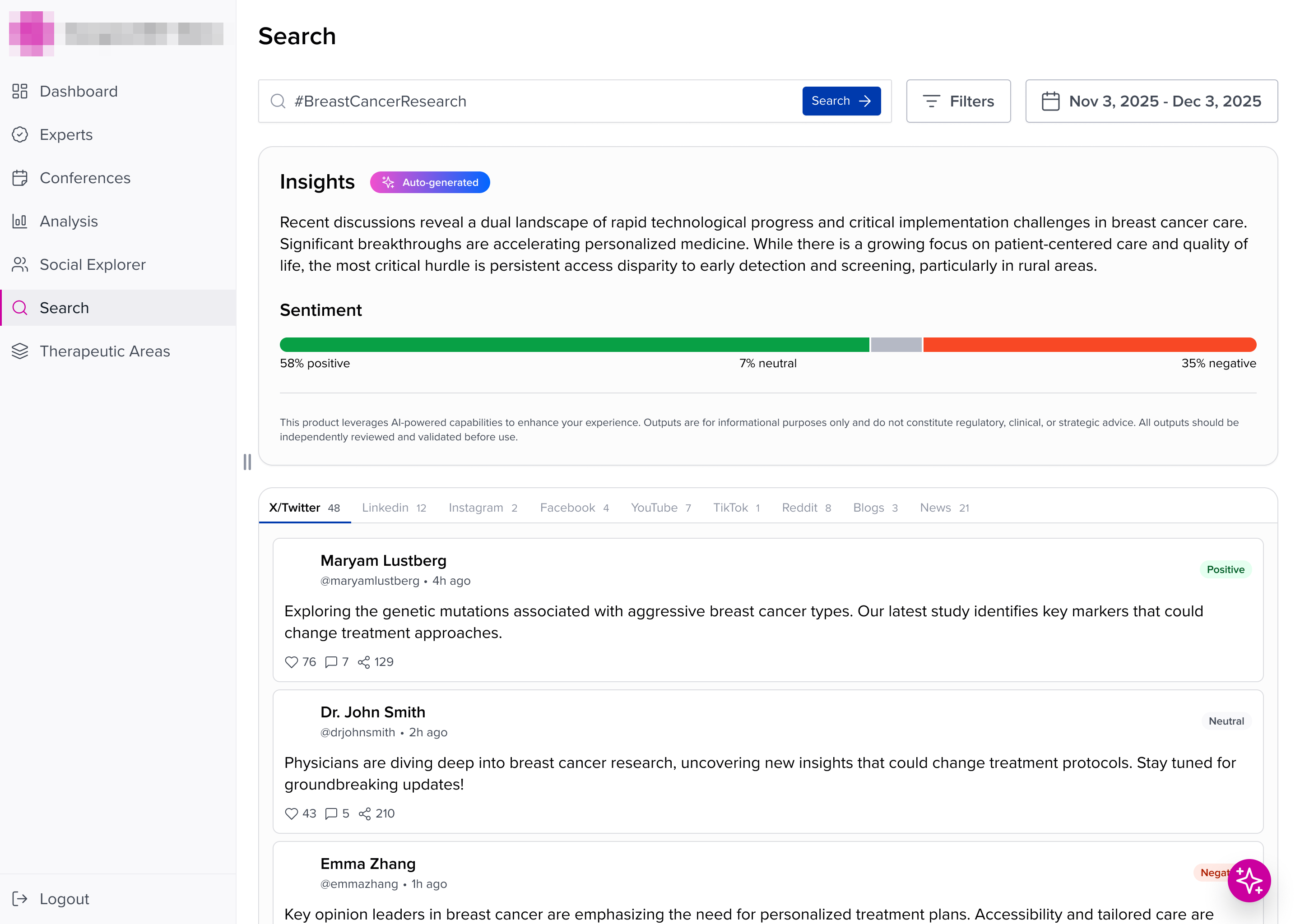 Search results for a research hashtag with an auto-generated insights summary, sentiment bar, and per-channel post feed