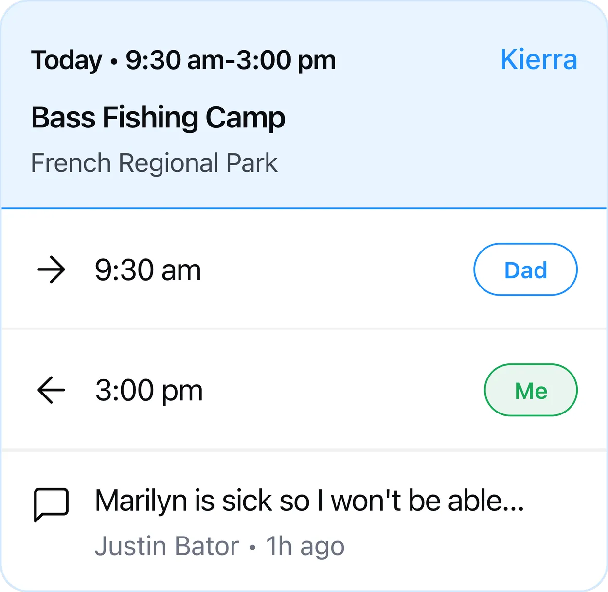Activity Central calendar card for Bass Fishing Camp, its unassigned 3:00 pm pickup set to Me, then both of today's cards with every ride assigned