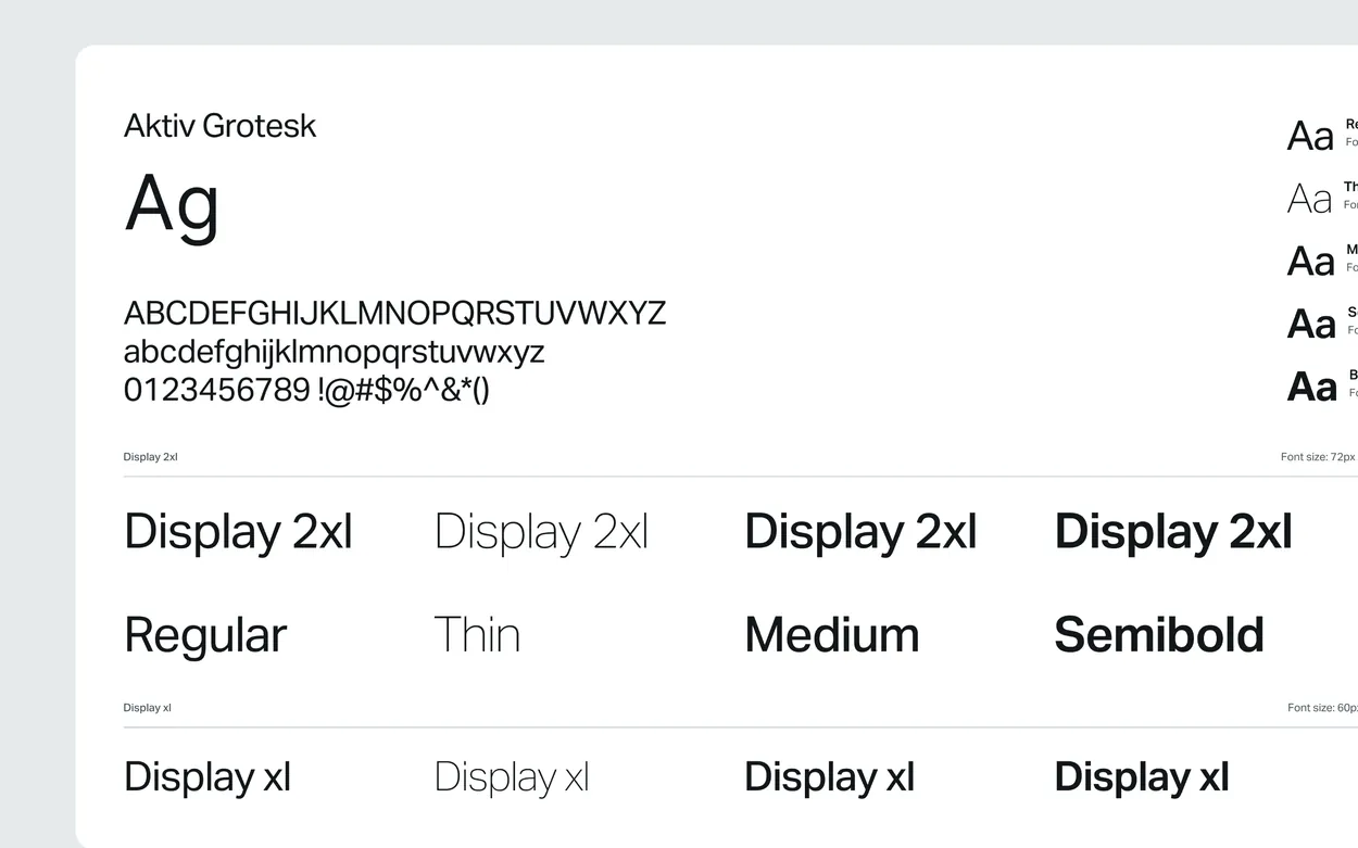 Ascensus typography sheet with an Aktiv Grotesk specimen and weight key above Display 2xl and Display xl rows in regular, thin, medium and semibold