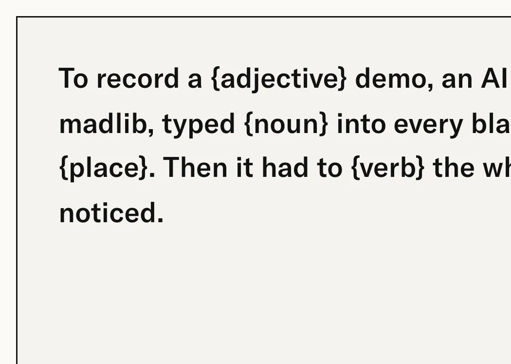 Atomic Tools Madlib Maker on desktop, with a story typed using braced blanks, a sidebar listing them, and a one-at-a-time preview