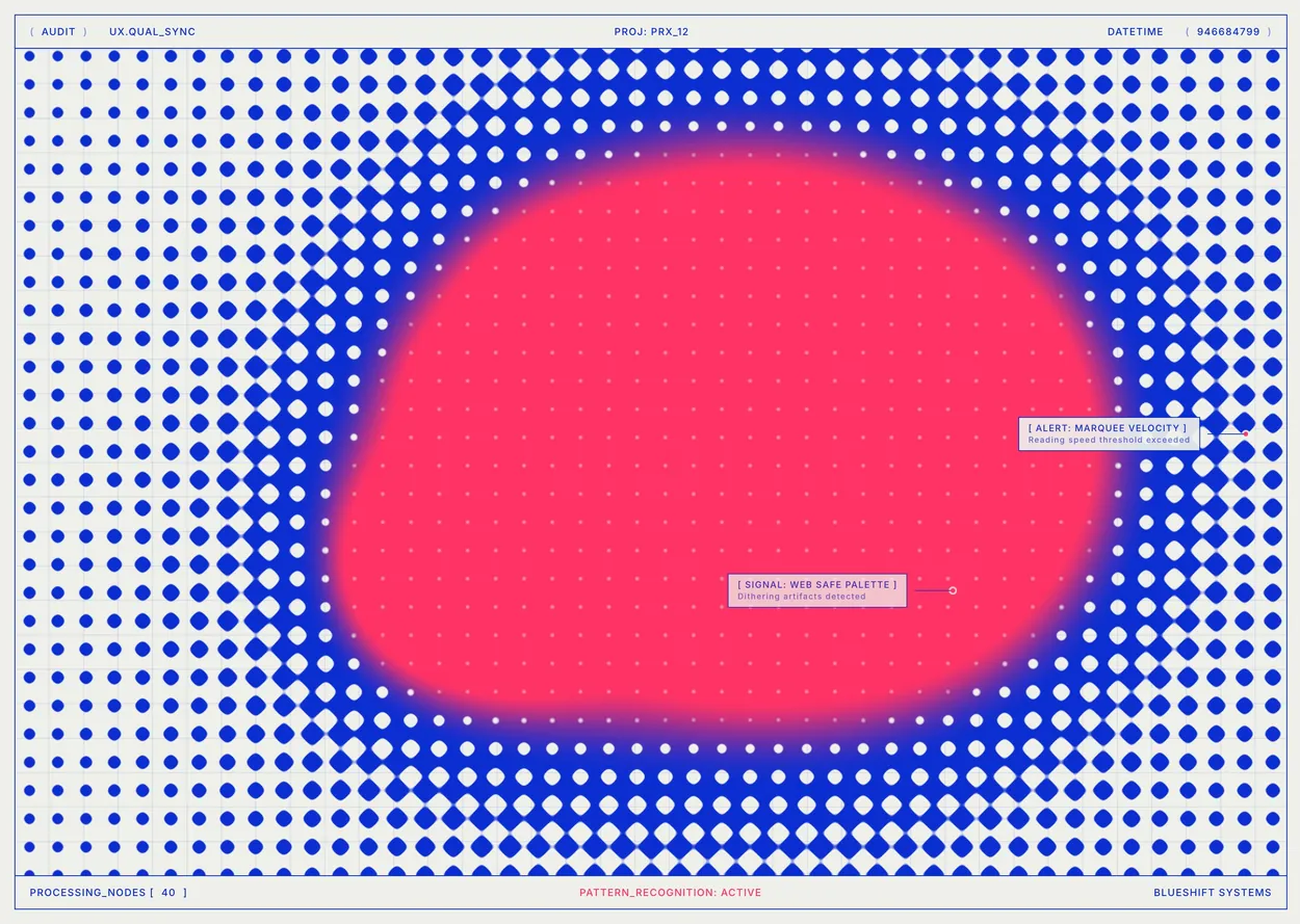 Blueshift Pulse card: blue halftone dots swelling into a pink bloom tagged Alert: marquee velocity and Signal: web safe palette, between audit readouts