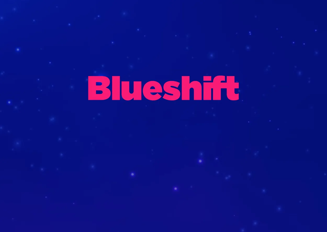 The Blueshift wordmark in pink on the deep blue starfield of its home page
