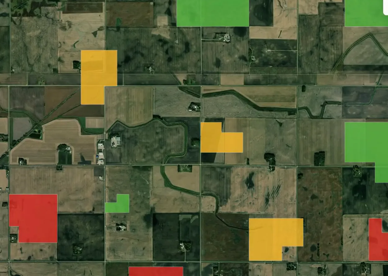 Conservis satellite map leaving AG Bunston’s field detail for the full field list, its boundaries colored by crop and then by irrigation status