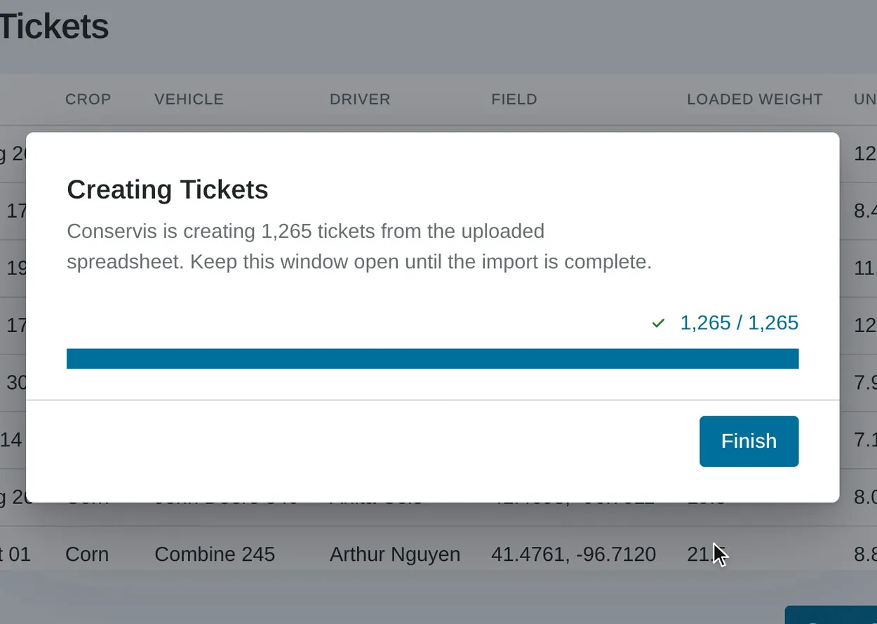 Conservis Review Matching step with Bob matched to Bob Hansen and moved out of Unmatched, then a Creating Tickets dialog filling to 1,265