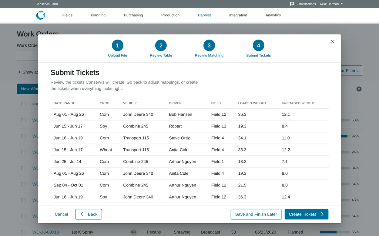 Conservis harvest import on its Submit Tickets step, listing tickets by crop, vehicle, driver, field, and weight