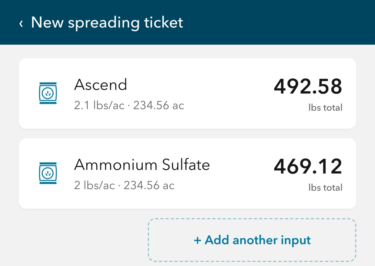 Conservis tablet spreading ticket listing Ascend and Ammonium Sulfate, each with its inputs icon, rate and total in pounds