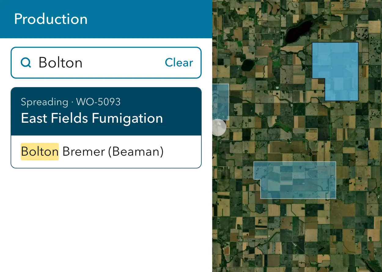 Conservis tablet production list beside a satellite map, with assigned work orders grouped by field