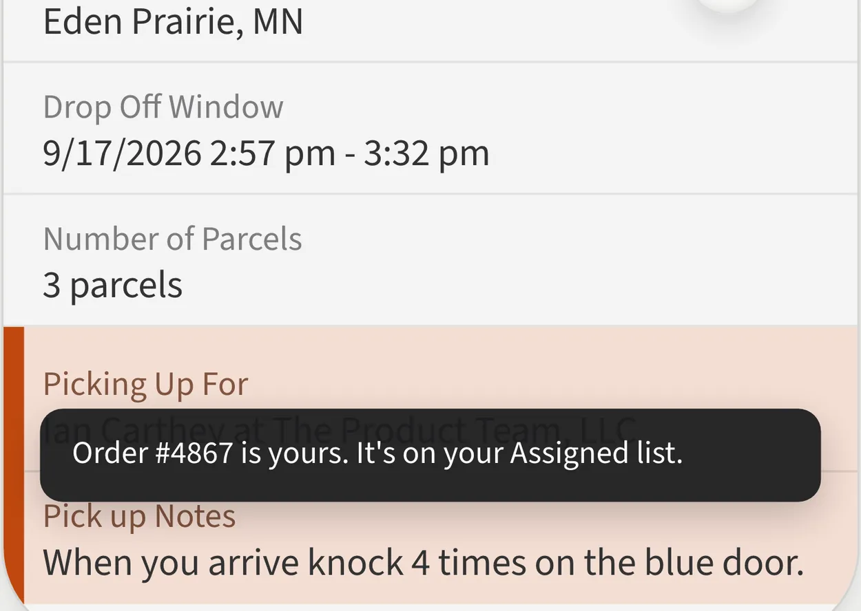 Dispatch phone opening order 4867 from the Available Orders map, sliding to assign it, then its en route pickup screen with a confirmation toast