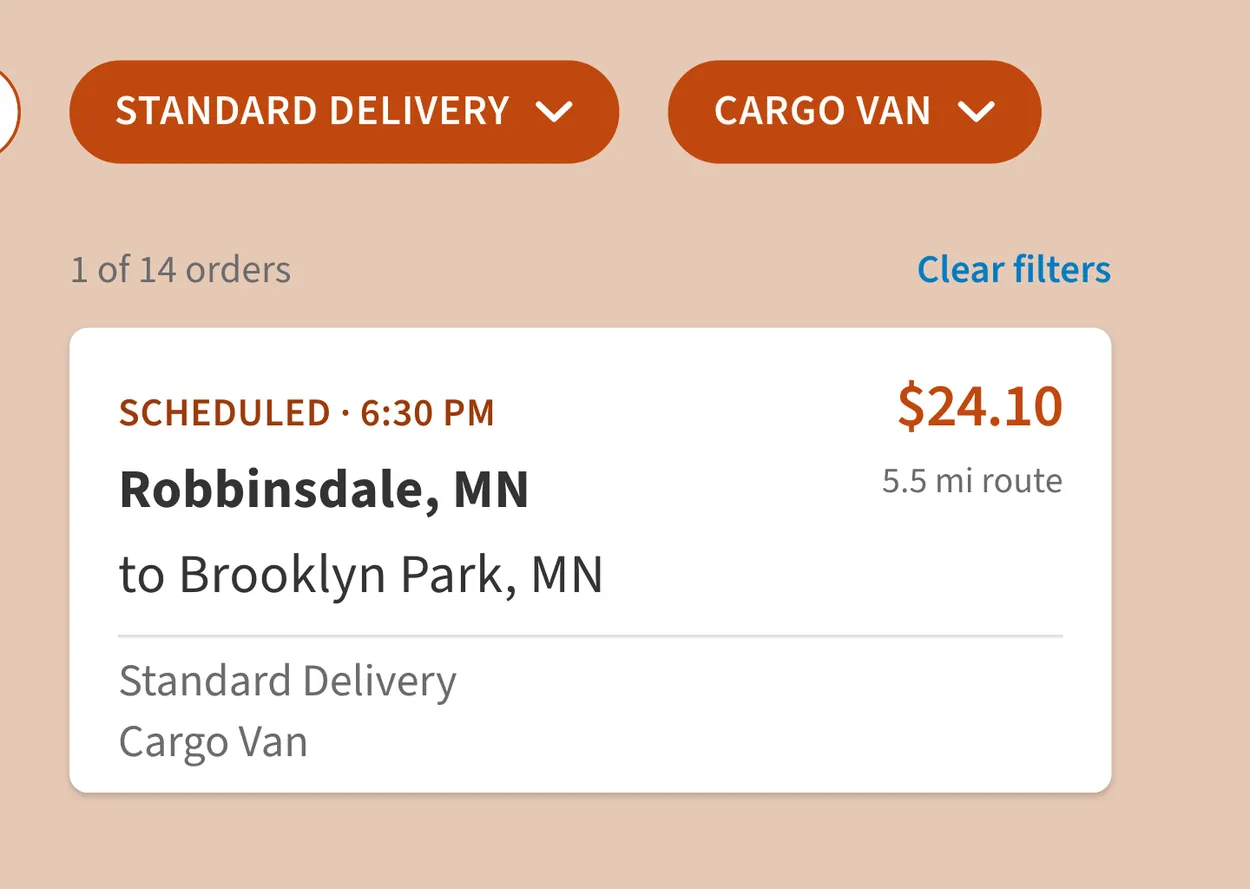 Dispatch filters set to Standard Delivery and Cargo Van above a count of one of fourteen orders and the match, Robbinsdale to Brooklyn Park for $24.10
