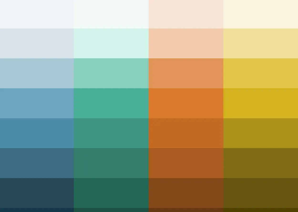 Ever.Ag palette chart with columns of neutrals, blues, teals, oranges, yellows, greens and purples, each stepping from pale tone 10 to dark tone 100