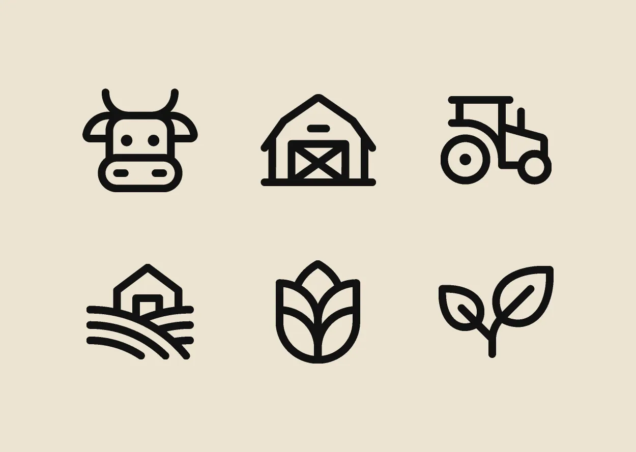 Ever.Ag icon guide switching from Using Icons to the Icon Library tab, then scrolling a grid of navigation and information icons such as FarmTank, MilkCarton and Factory