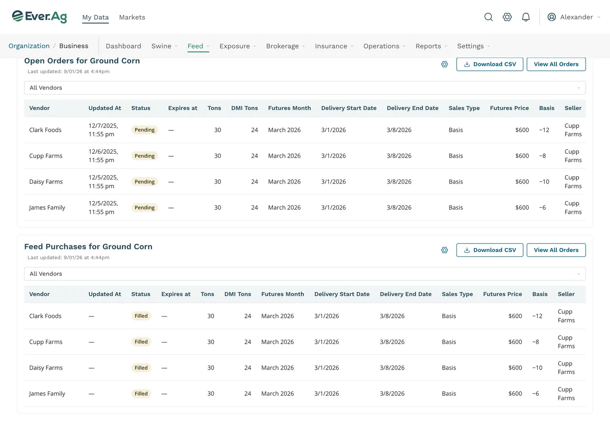 Ever.Ag ground corn page with a table of pending open orders above a matching table of filled feed purchases by vendor