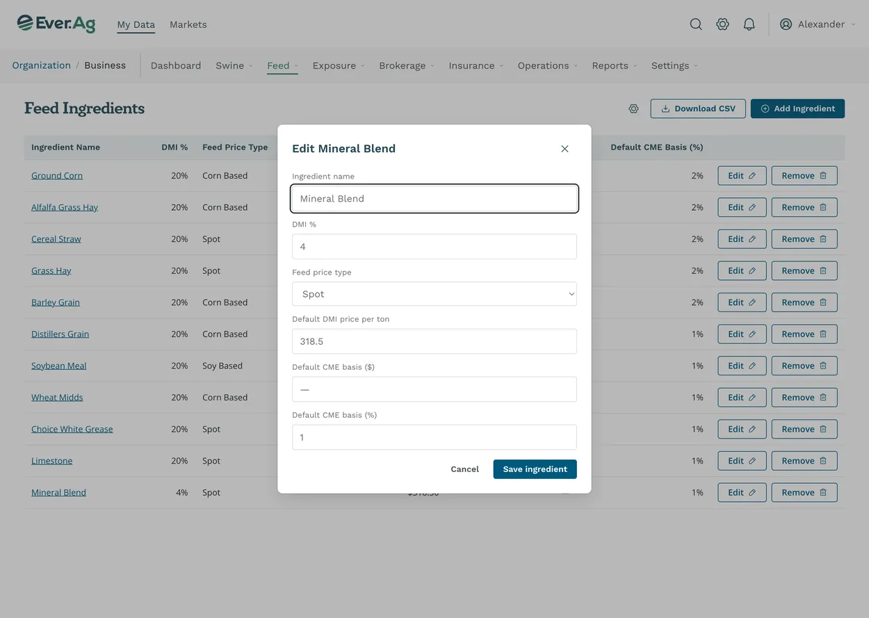 Ever.Ag feed ingredients table on desktop dimmed behind an Edit Mineral Blend dialog with pricing fields