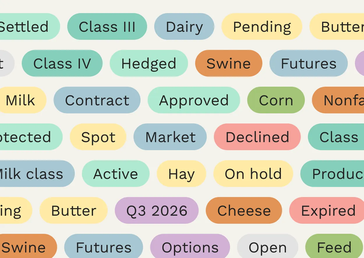 Ever.Ag tags filling the frame, each an ordinary word such as Settled, Class III or Pending in a status or tone 30 colour