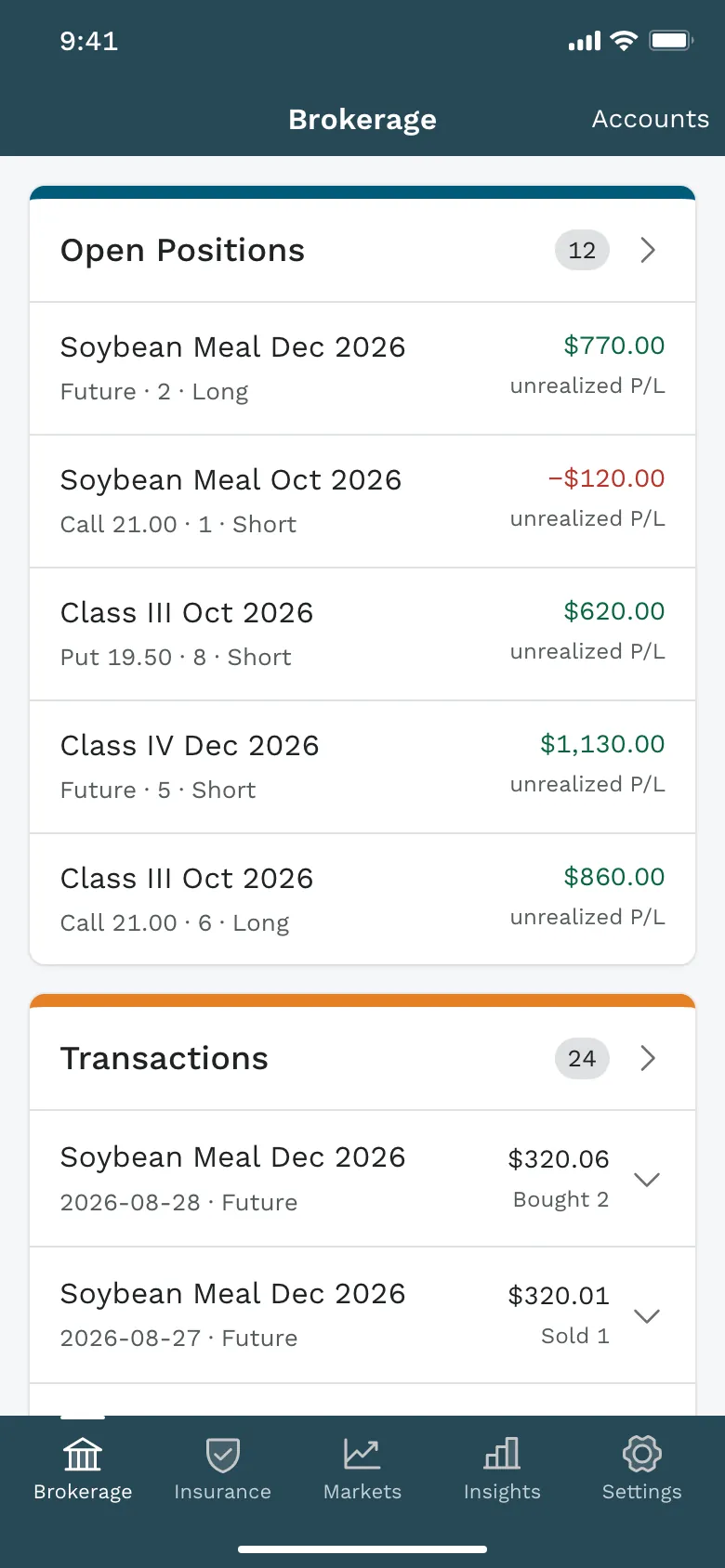 Ever.Ag brokerage home on a phone with open futures and options positions and their unrealized P&L above recent transactions