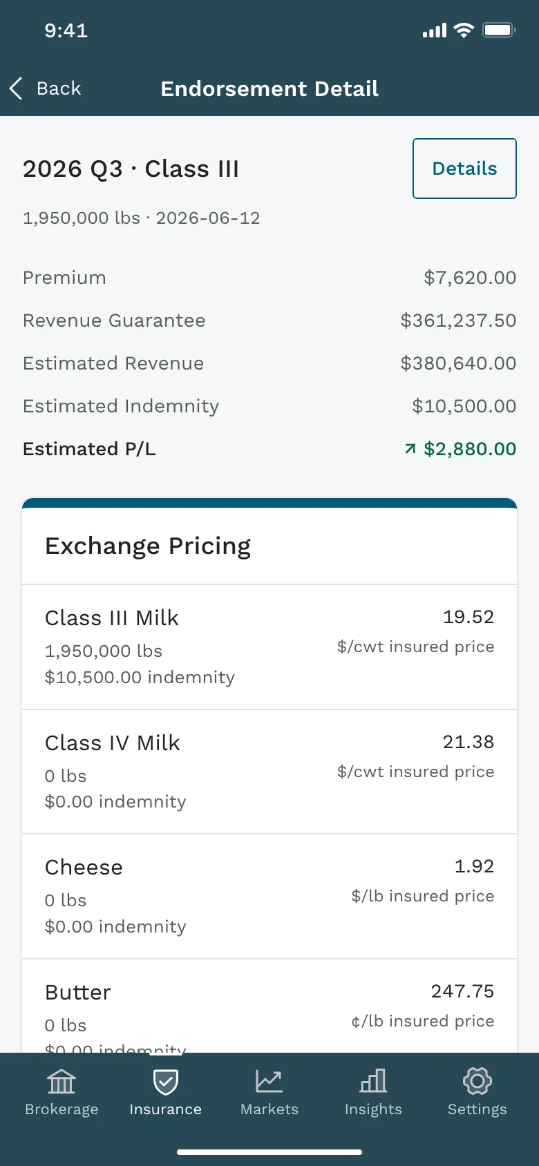 Ever.Ag endorsement detail for 2026 Q3 Class III on a phone, with premium and estimated P&L above exchange pricing
