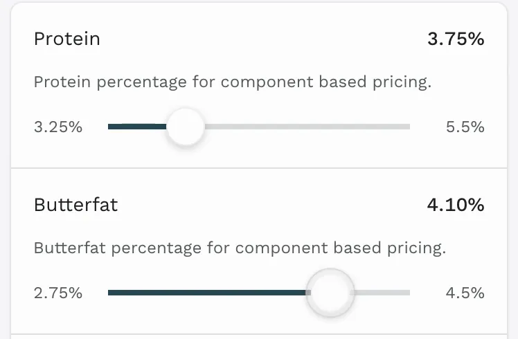 Ever.Ag quote editor on a phone, with a Protein slider at 3.75% and a Butterfat slider at 4.10%, each under a line saying what it prices