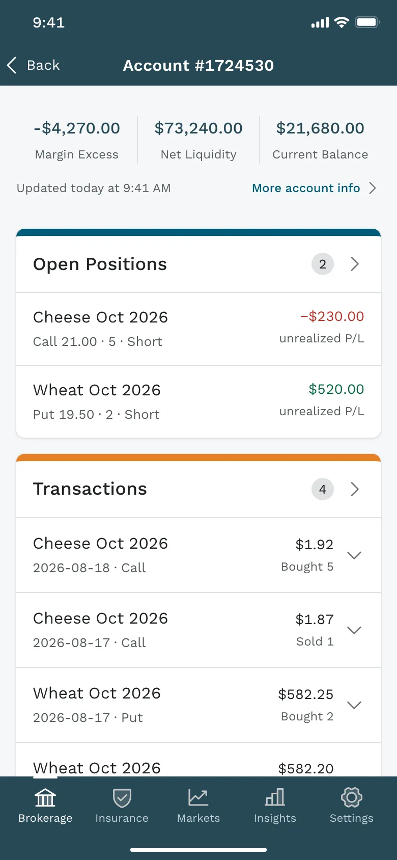 Ever.Ag account overview on a phone showing negative margin excess above open cheese and wheat positions and their transactions