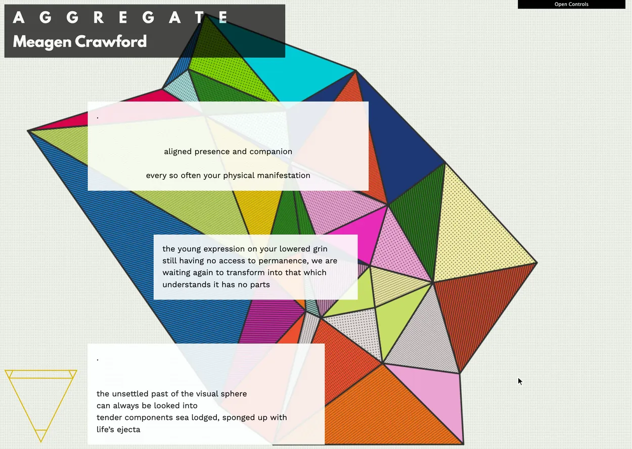 Ichnos on desktop, with Aggregate's stanzas on pale cards over a shifting field of hatched, brightly colored polygons