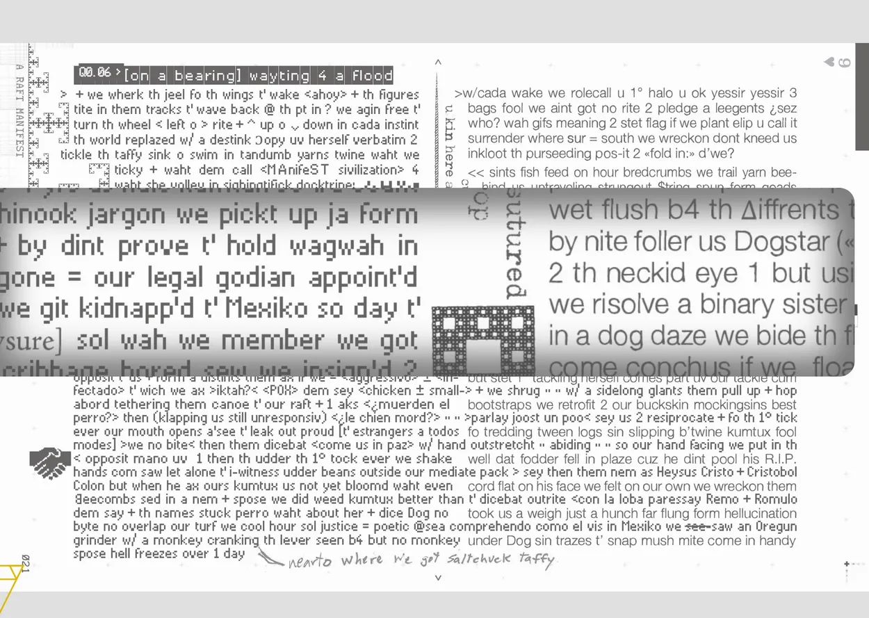Ichnos on desktop, with a dense manuscript sheet of A Raft Manifest and a wide lens enlarging a few of its lines