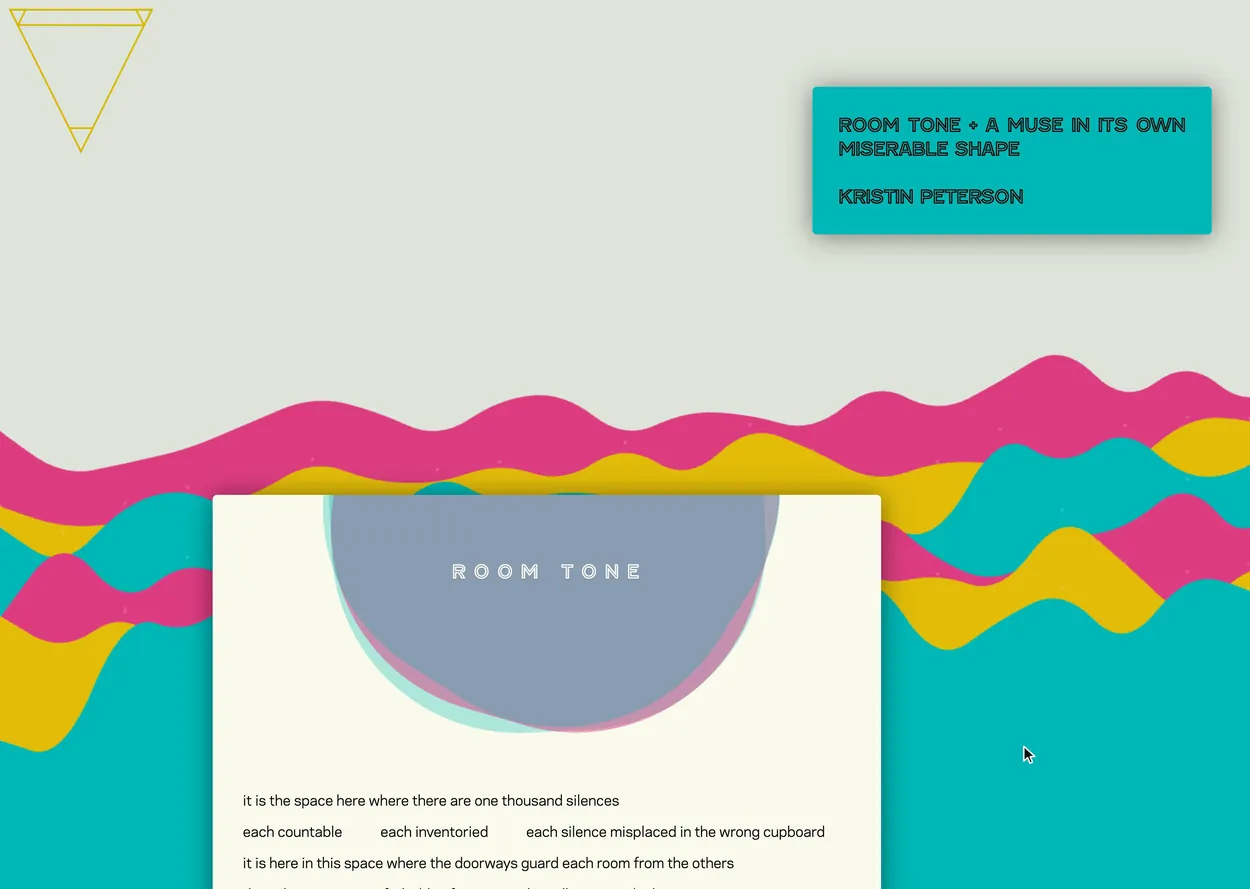 Ichnos Room Tone page on desktop, with poem cards on cream paper scrolling over animated waves of pink, yellow and teal