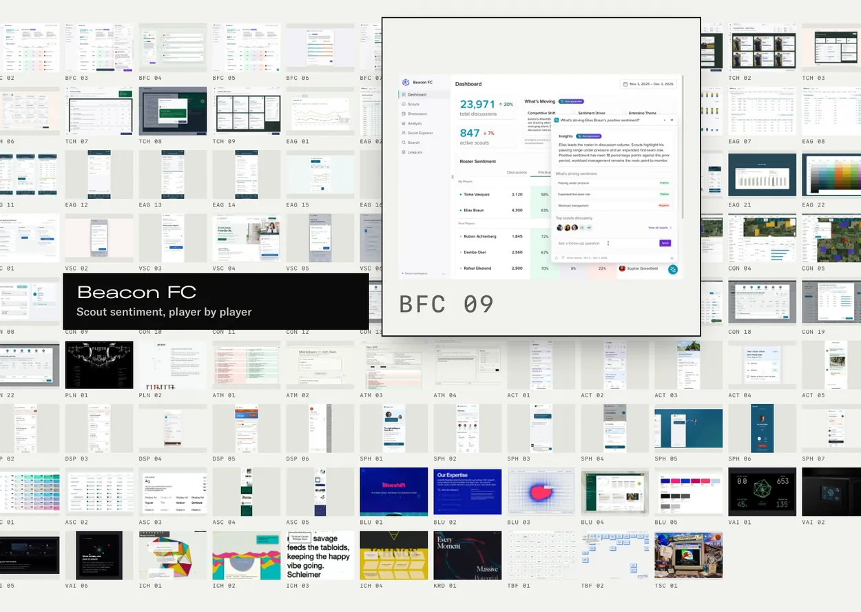 Light table of small coded screens from every project, with a loupe enlarging a Plinth page beside a black label reading Plinth, A new design language every issue