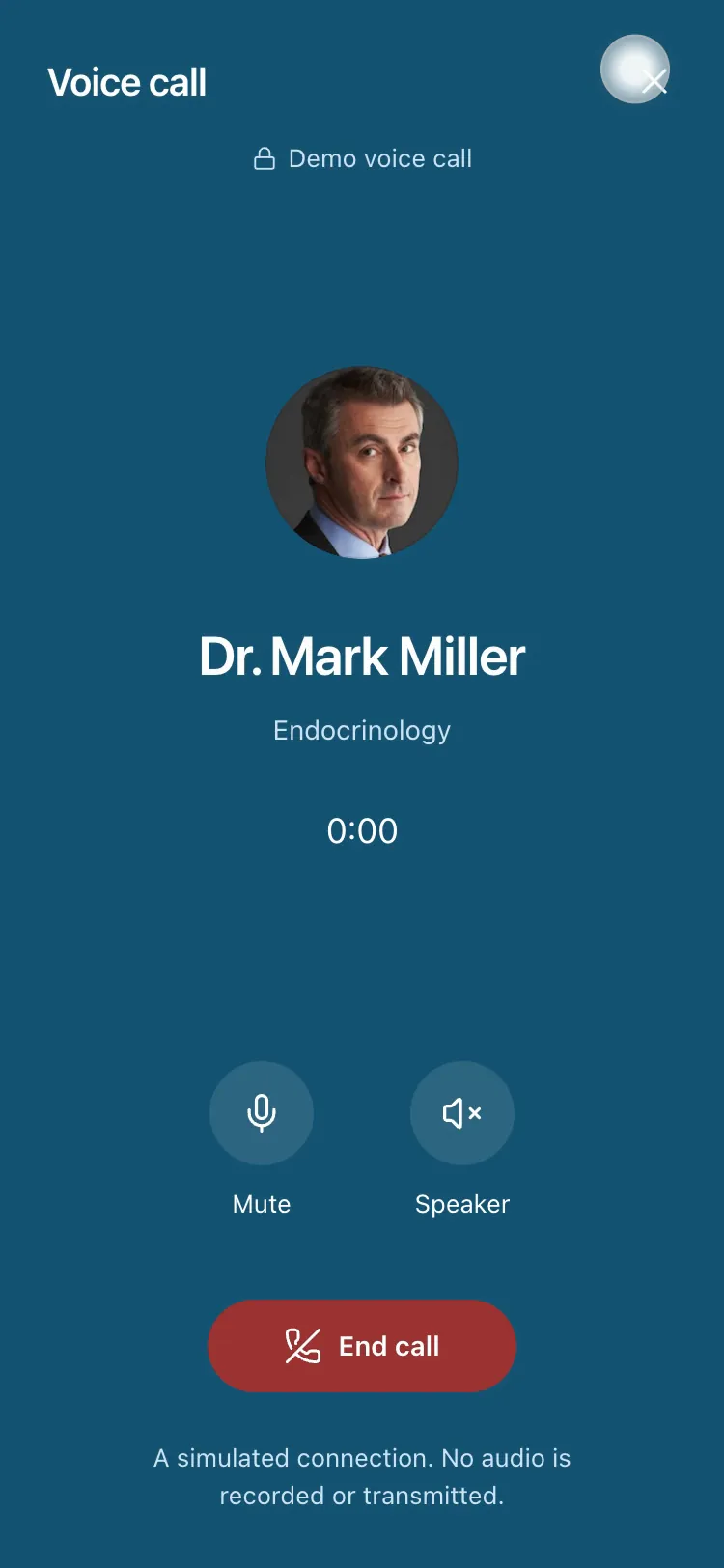 SophConnect on a phone, starting a voice call with Dr. Mark Miller: his portrait and name on deep blue above Connecting, with Mute, Speaker and End call