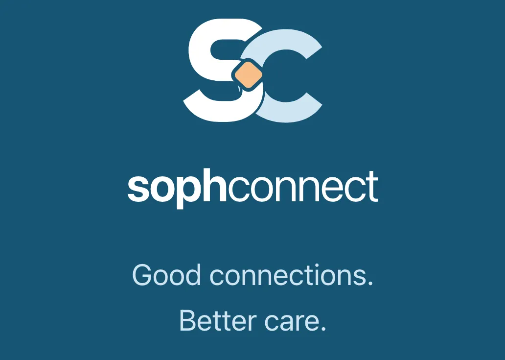 SophConnect's splash screen, zoomed in: the white SC mark with a peach dot over the name sophconnect and the line Good connections. Better care., on deep blue
