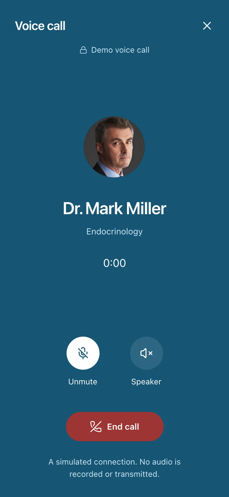 SophConnect voice call with Dr. Mark Miller on a phone, the microphone muted and a red end call button below