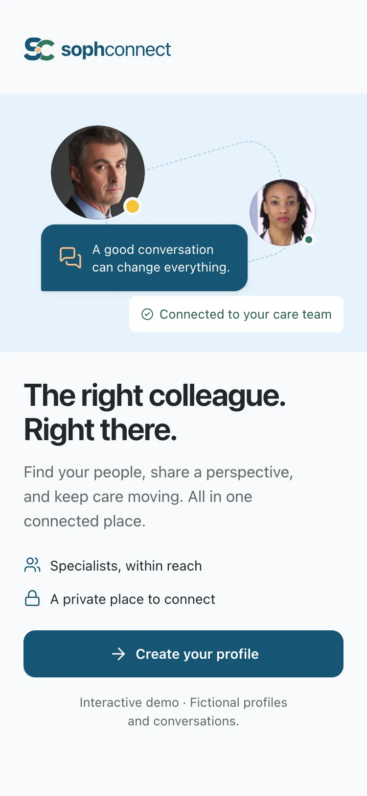 SophConnect welcome illustration of two physician portraits joined by a dotted line, with the message A good conversation can change everything