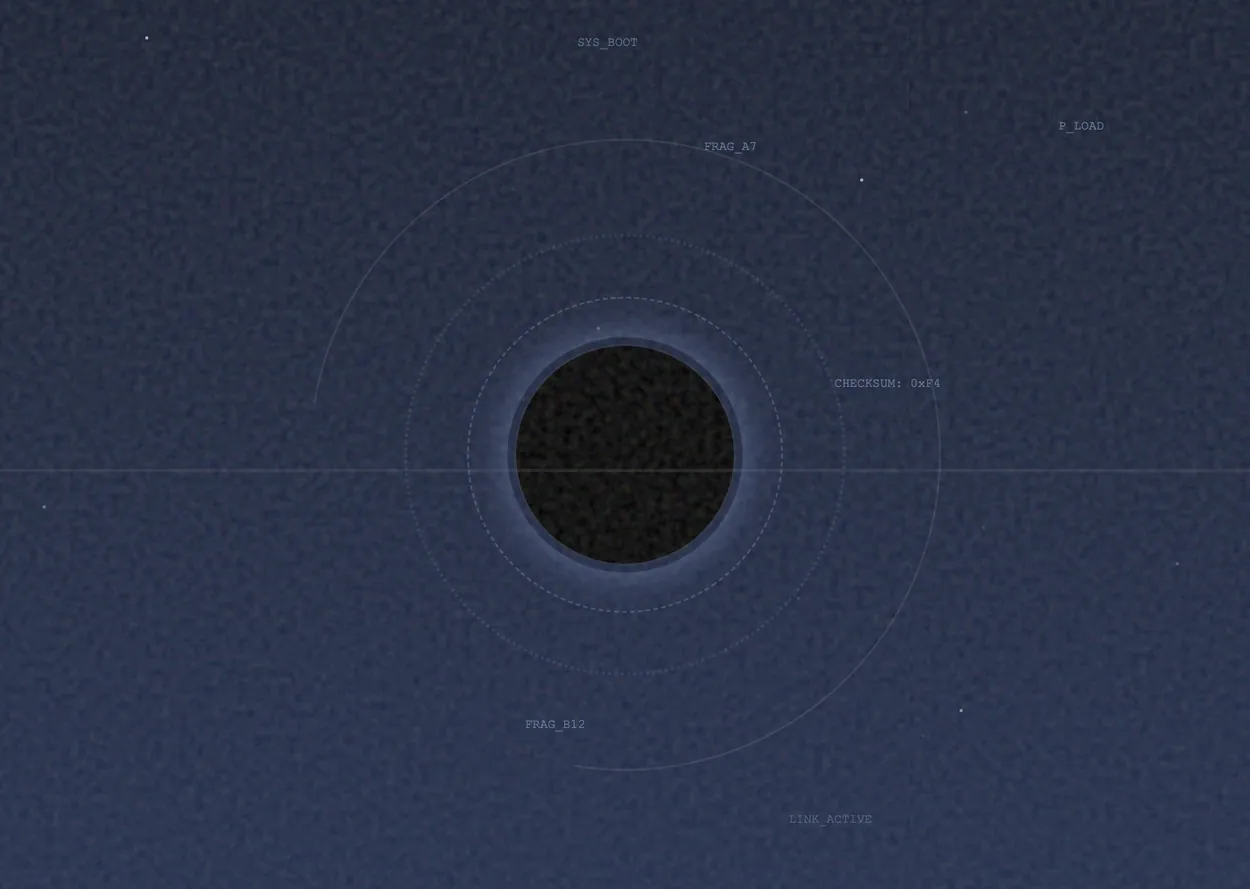 A black orb ringed by faint orbits on deep navy, with small status readouts at the edges