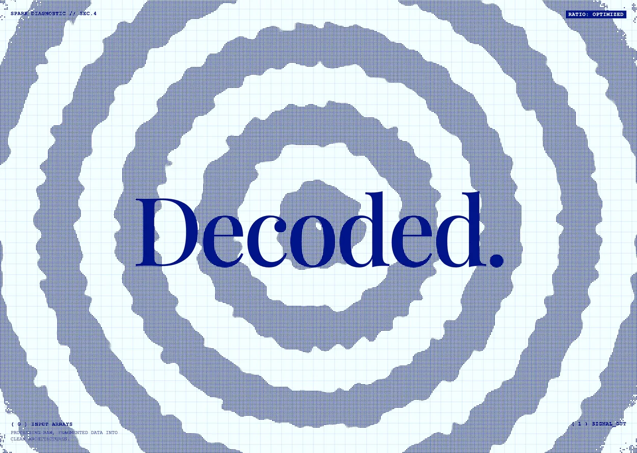 Decoded, set in navy serif over concentric blue rings that break into pixel noise, on a gridded poster card
