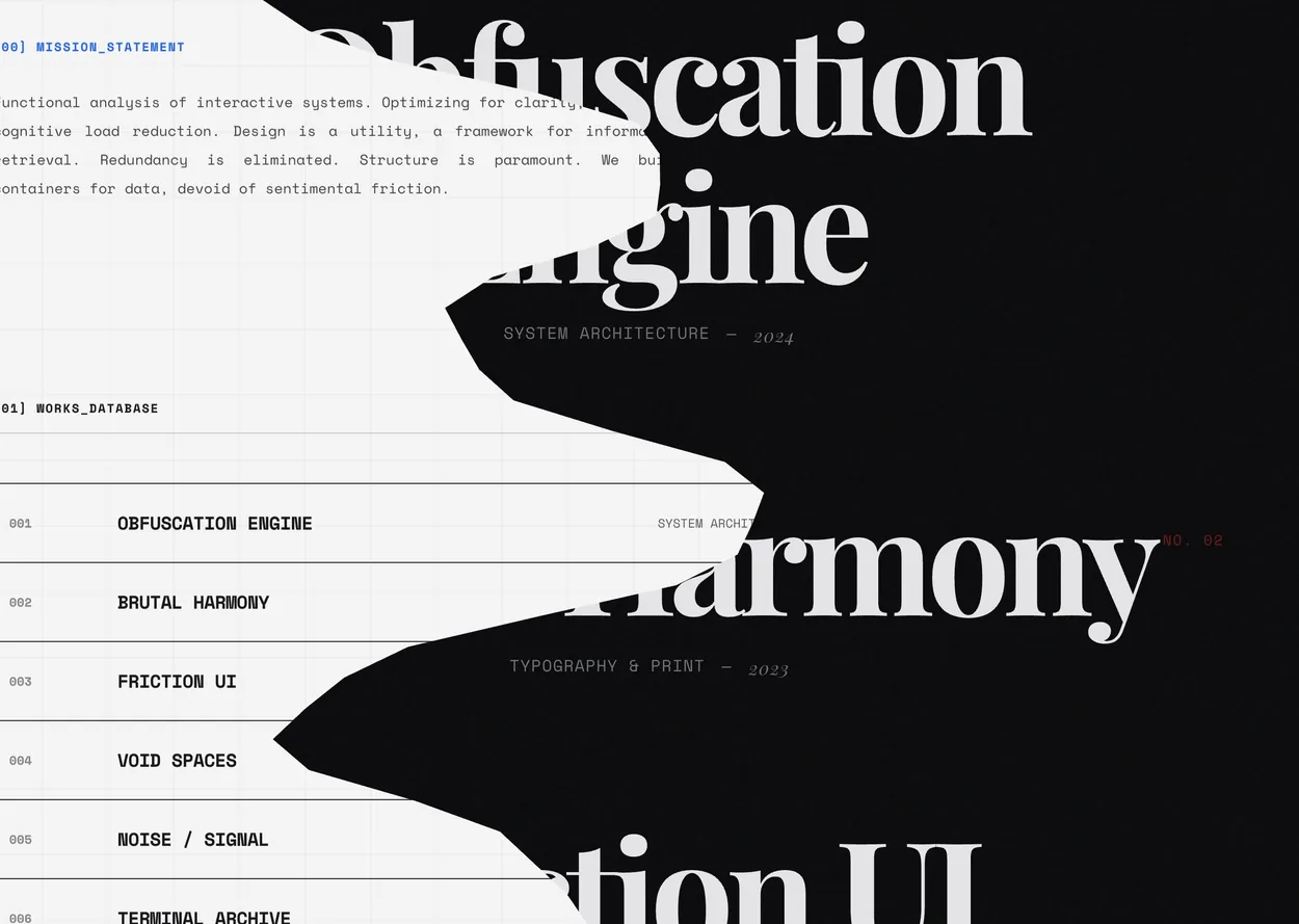 A plain grid portfolio on light grey, torn by a jagged black seam revealing large white serif type