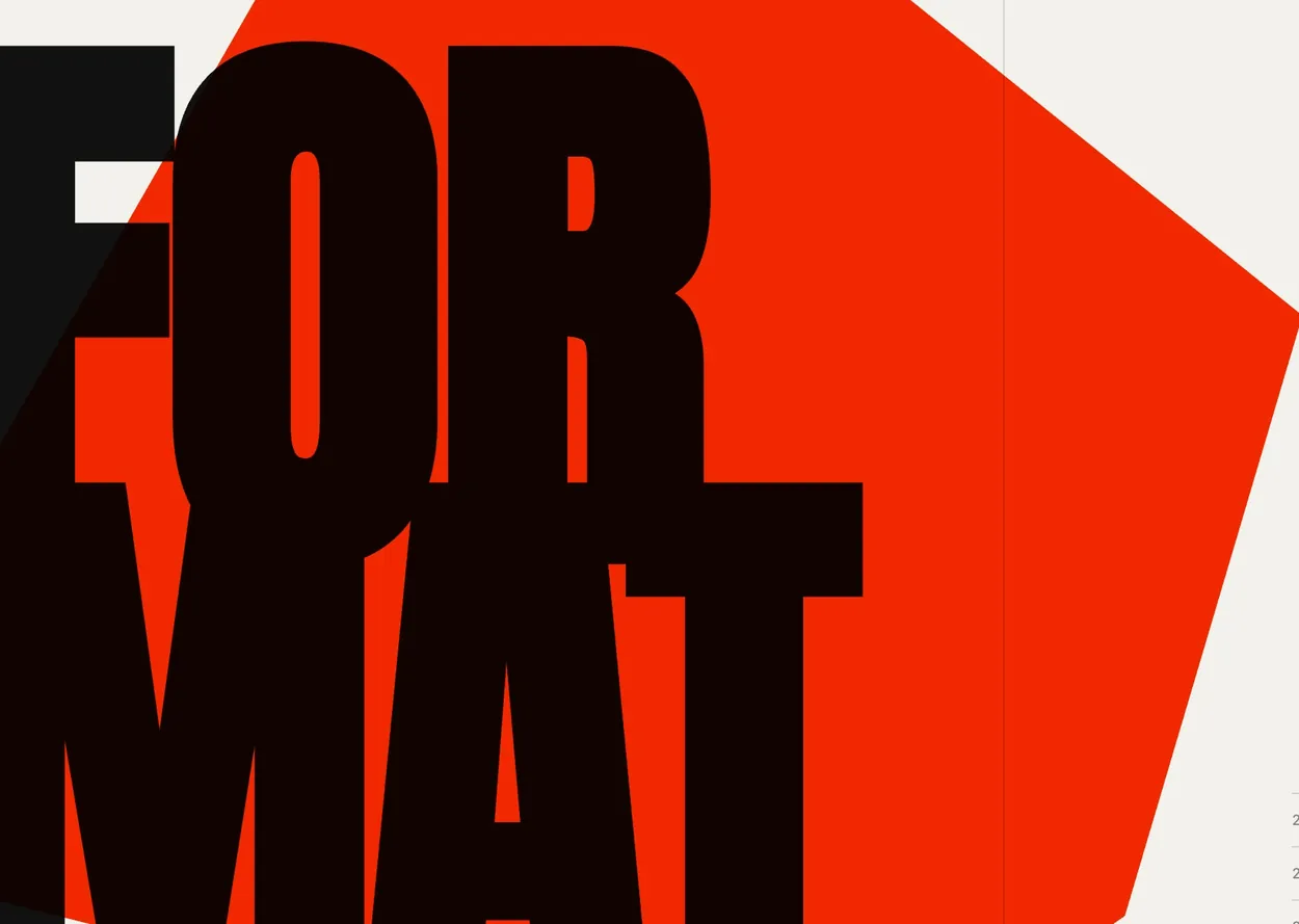 FOR MAT in black condensed type cut by a turning red solid, beside a short index of selected works on warm paper