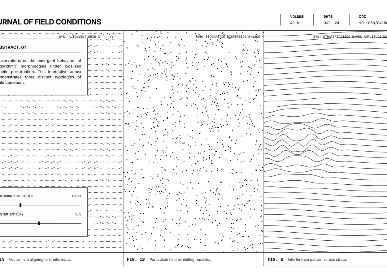 A journal page of three figures, a grid of short strokes, a scatter of dots, and stacked wavy lines, beside an abstract and two sliders