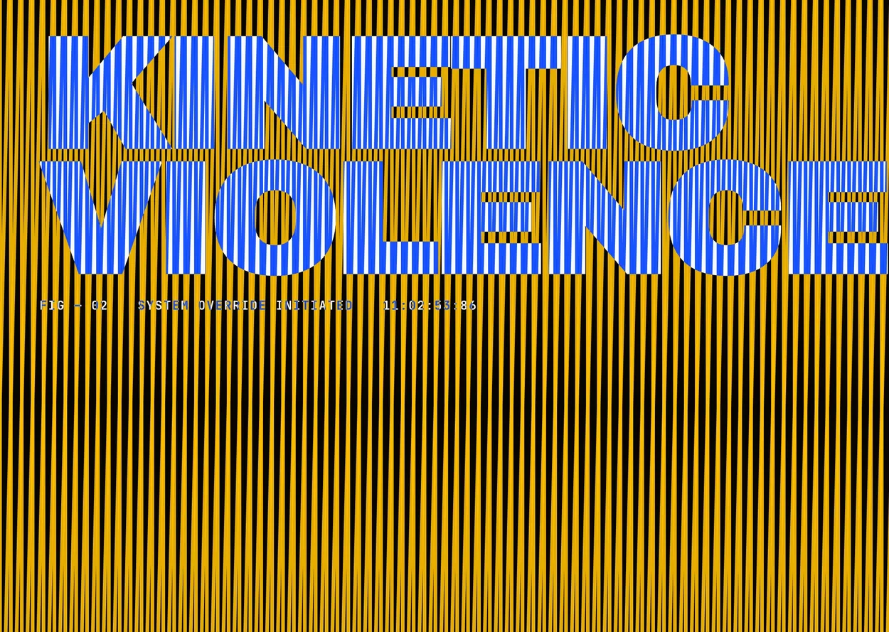 Kinetic Violence in blue outline type over black-and-amber vertical stripes, beside a yellow Live Telemetry card
