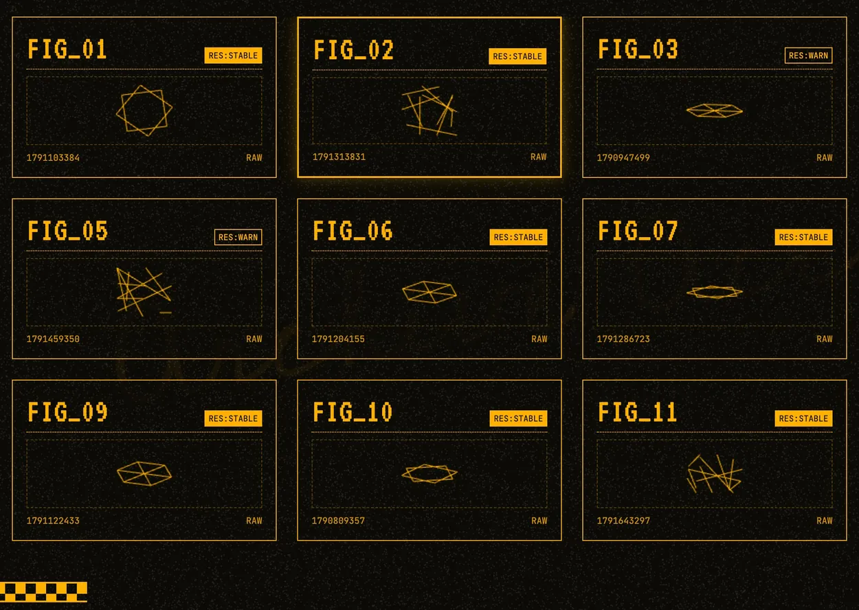 A black-and-amber archive grid of twelve cells, FIG_01 to FIG_12, each holding a small wireframe solid