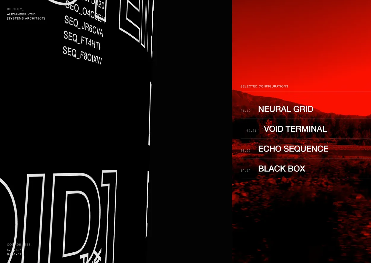 A black page with a tilted outlined wordmark beside a red band showing a landscape and a list of four configurations