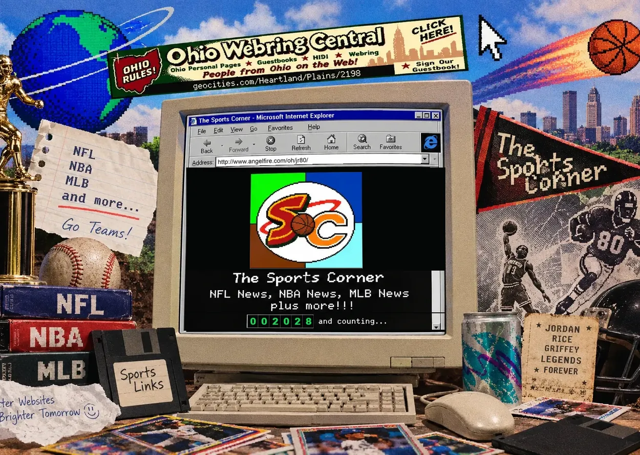 A 1998 desk collage around a beige CRT running The Sports Corner in Internet Explorer, its SC logo above a 002028 hit counter, ringed by an Ohio Webring Central banner, a Sports Corner pennant, a trophy, NFL, NBA and MLB binders, a Sports Links floppy disk and trading cards