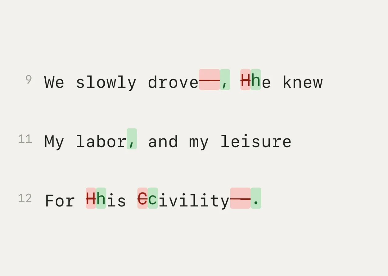 Text diff showing Emily Dickinson’s 1862 manuscript beside the edited 1890 printing, with removals marked in red and additions in green