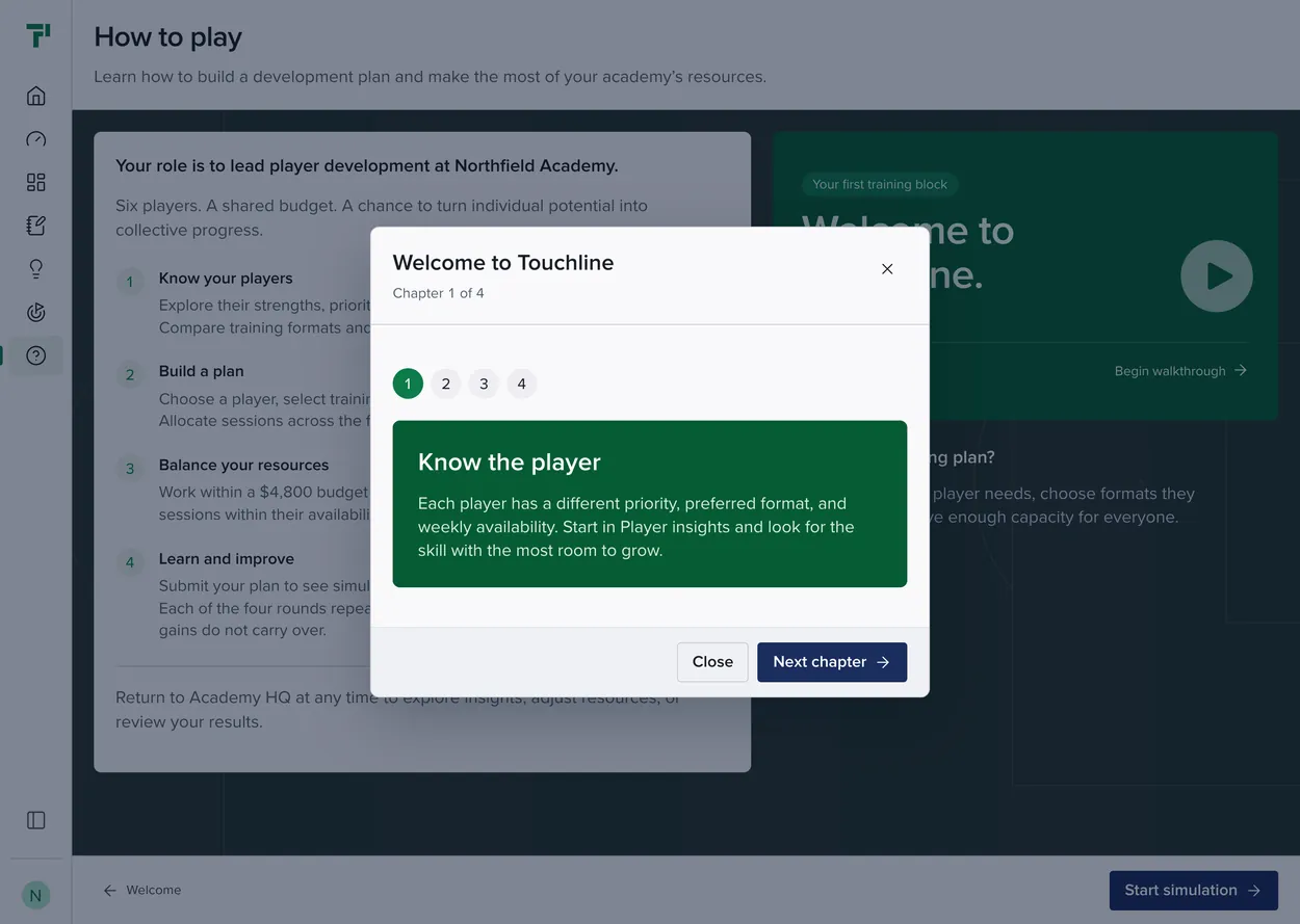 Touchline how to play page with a welcome dialog open on chapter one of four, Know the player