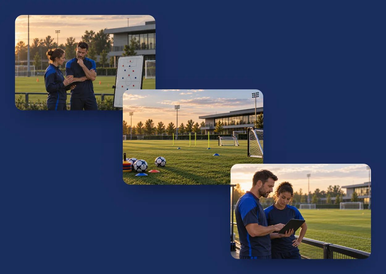 Three Touchline photos staggered down a navy tile: a coach planning training, a practice pitch, and a player reading her insights