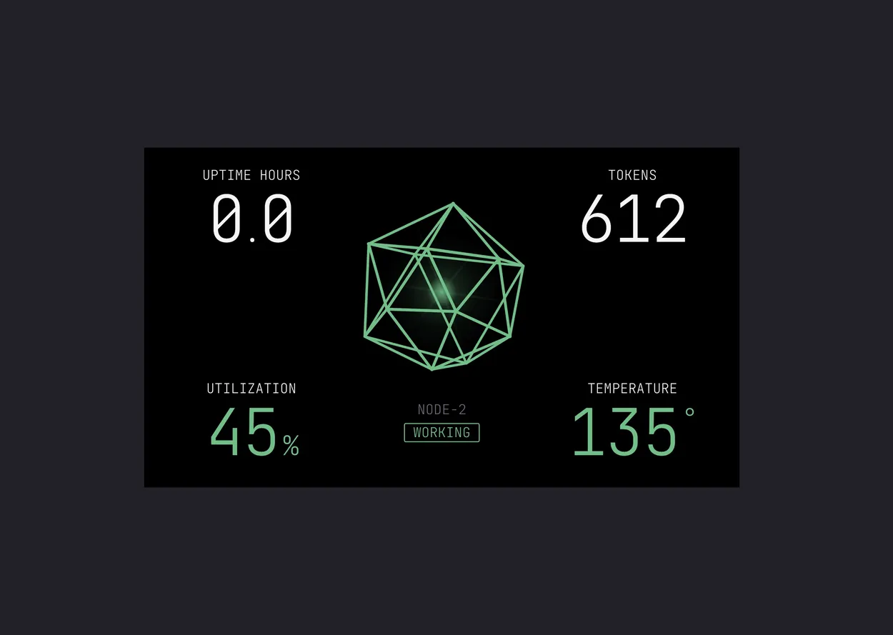 Vault device display in its Working state: 0.0 uptime hours, 653 tokens, 45% utilization, and 135° around a green wireframe gem