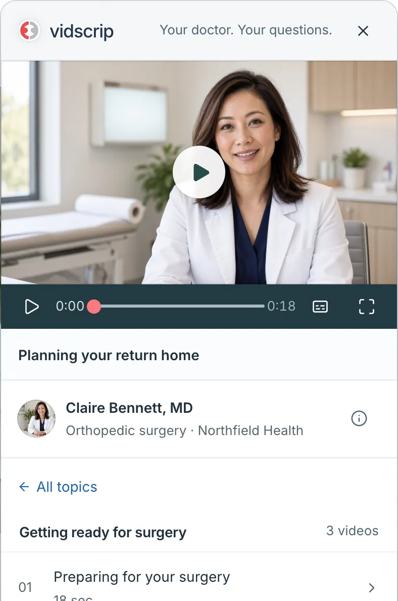 Dr. Claire Bennett's practice page on a desktop, with a Vidscrip panel previewing Planning your return home under Getting ready for surgery