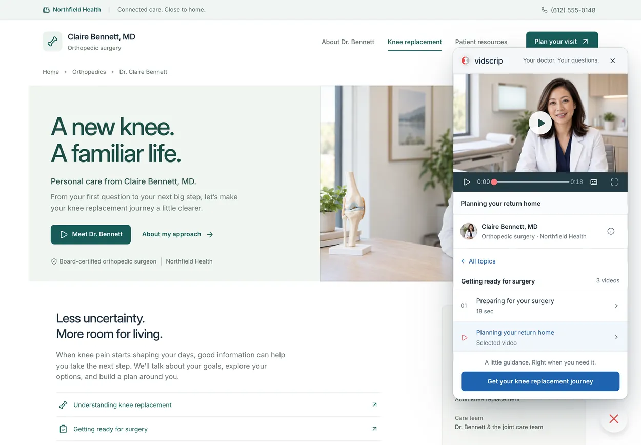 Dr. Claire Bennett’s practice page on a desktop, with a Vidscrip panel previewing Planning your return home under Getting ready for surgery