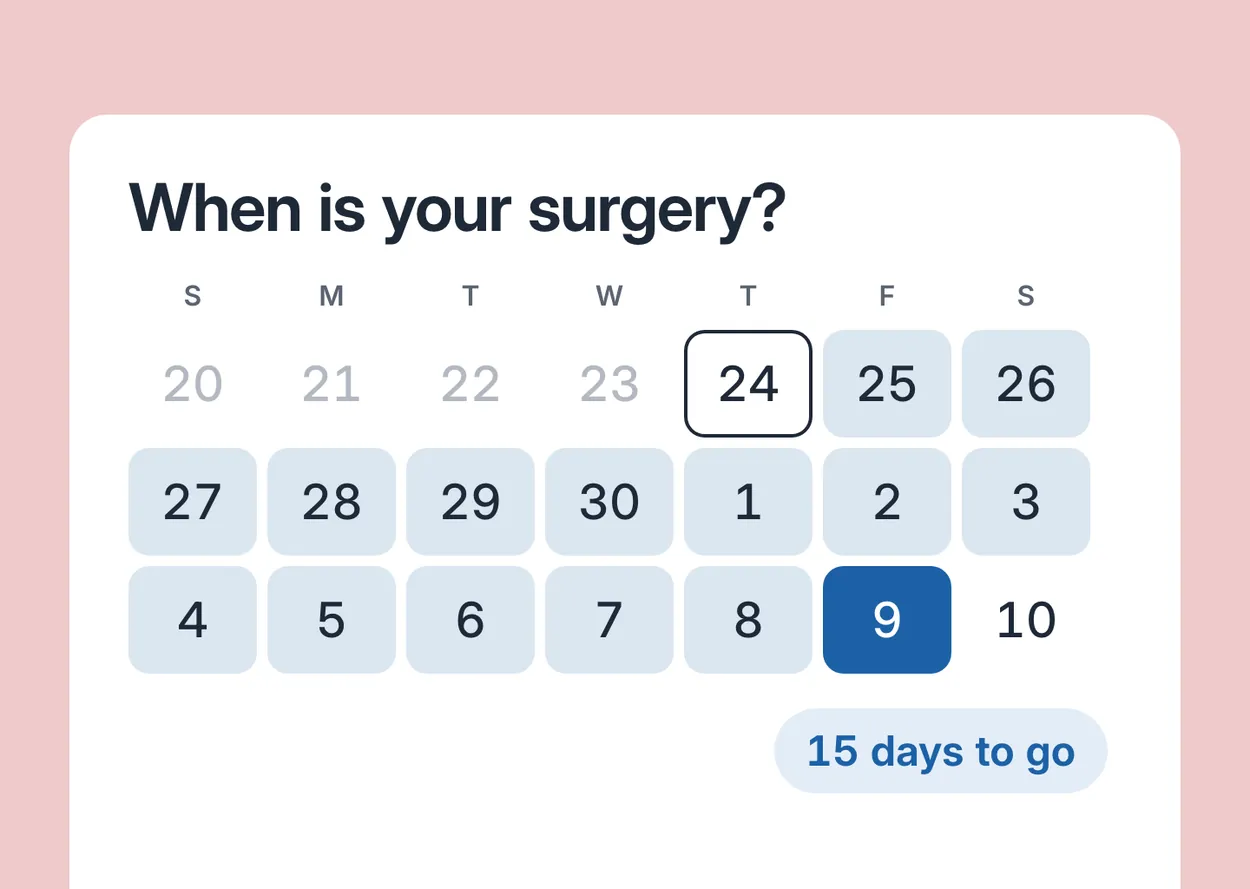 Vidscrip’s surgery date calendar, the days filling in toward Friday the 9th, 15 days to go