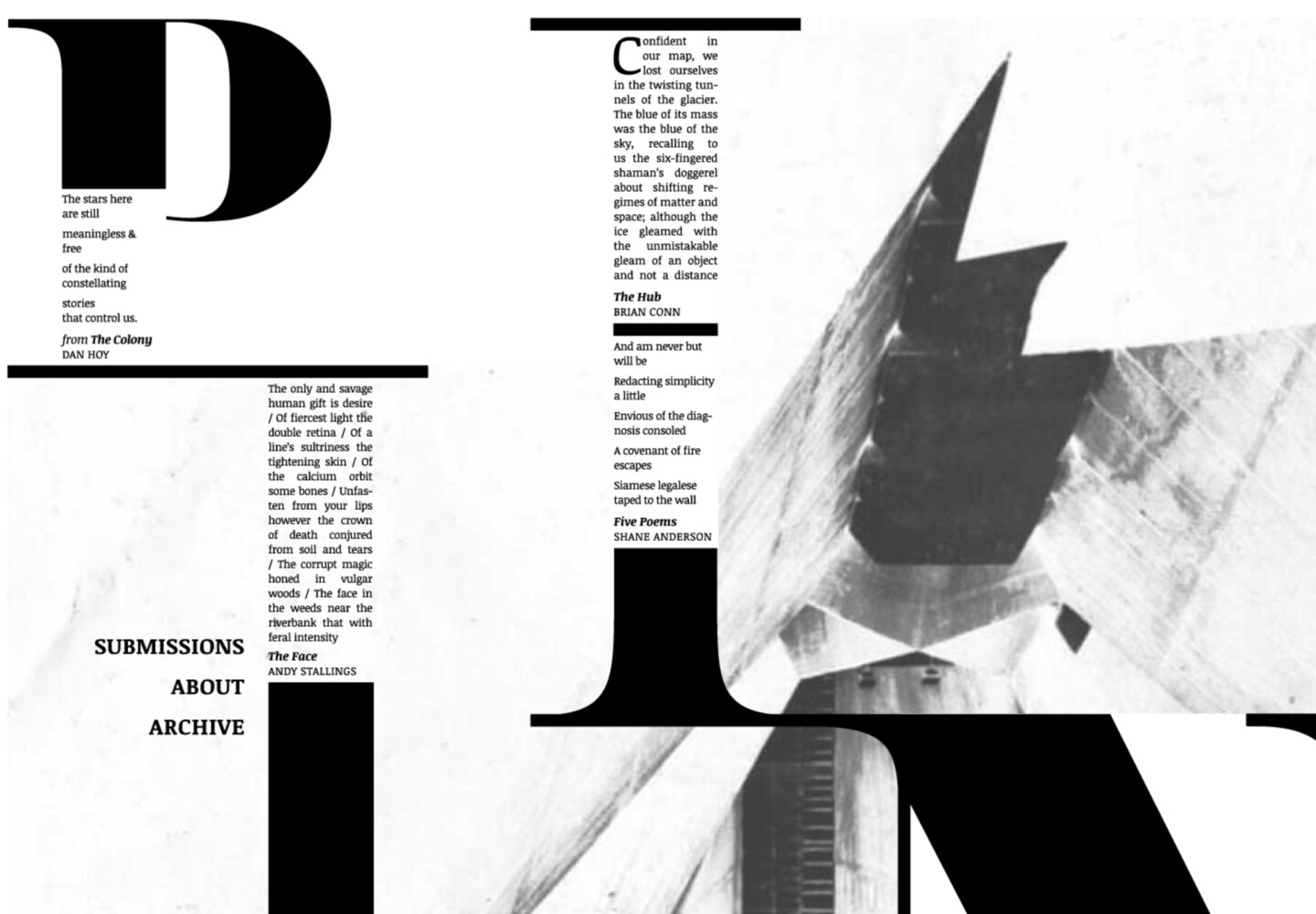 Plinth issue 03 contents page set like a printed broadside: an oversized black display letter, justified text columns, solid black bars, over a photograph of an ice face