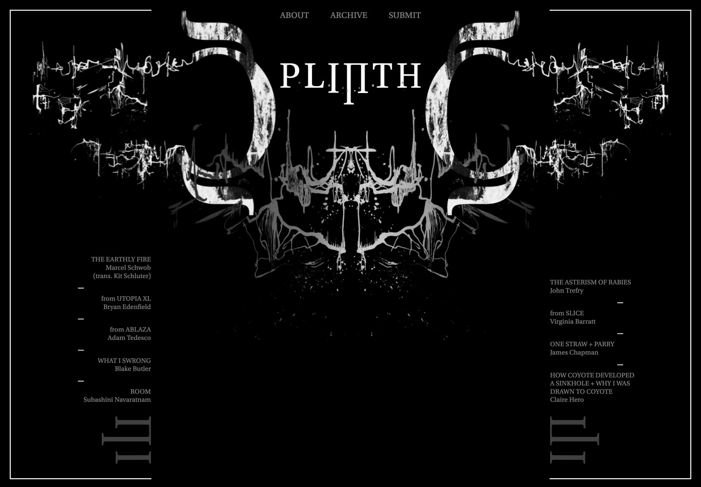 PLINTH issue 06 contents page: a white serif wordmark over a mirrored, inkblot-like graphic on black, with the contents listed in two flanking columns